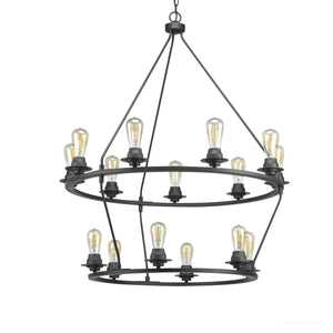 The Urban Ambiance UHP2247 XL Industrial Chandelier from the Nashville Collection, featuring a charcoal finish and measuring 41-5/8″ x 36″, showcases two tiers and vintage-style exposed bulbs suspended by chains against a white background.
