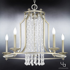 Urban Ambiance UHP2252 Mediterranean Chandelier from the Lexington Collection features an antique silver finish, five candle-style bulbs, and hanging crystal strands that evoke Moroccan-inspired elegance—measuring 24″ high by 28″ wide and shown against a gradient gray background.