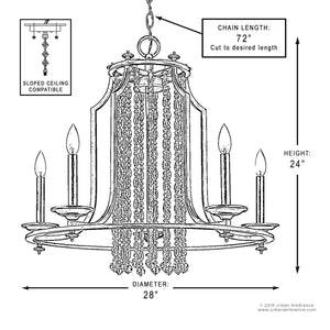 Line drawing of the Urban Ambiance UHP2252 Mediterranean Chandelier from the Lexington Collection, featuring an antique silver finish, four bulbs, crystal strands, 28-inch diameter, 24-inch height, and a 72-inch adjustable chain; sloped ceiling compatible.