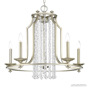 The UHP2252 Mediterranean Chandelier by Urban Ambiance, part of the Lexington Collection, features an antique silver finish and measures 24 inches high by 28 inches wide. With four candle-style lights and vertically arranged hanging crystal strands, this Moroccan-inspired chandelier brings a touch of elegance and exotic charm to any space.