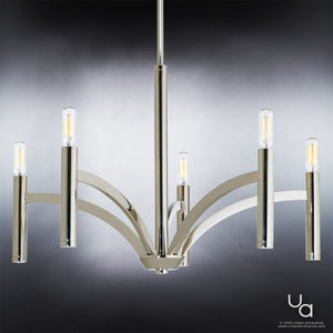 A luxury Urban Ambiance UHP2274 Modern Chandelier with five unique lights on a black background.