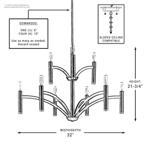 A diagram showing the dimensions of a gorgeous Modern Chandelier from the Bradford Collection by Urban Ambiance.