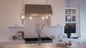 A gorgeous lighting fixture in a white kitchen, the UHP2278 Modern Pendant adds elegance with its polished nickel finish from the Bradford Collection by Urban Ambiance.