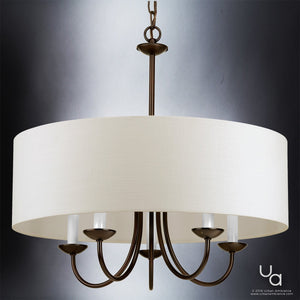 The Urban Ambiance UHP2281 Transitional Chandelier from the Aurora Collection features an olde bronze finish, five candle-style lights, and a large white fabric drum shade suspended by a chain. Its 21-1/8″ height and 21-5/8″ width make it a striking modern farmhouse centerpiece against any neutral backdrop.