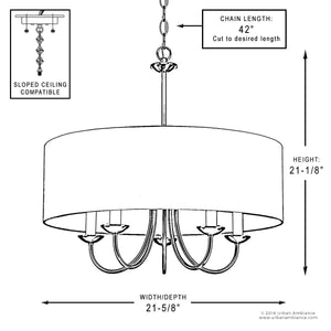 Black and white diagram of the Urban Ambiance UHP2281 Transitional Chandelier from the Aurora Collection, featuring a drum shade in an Olde Bronze finish, a 42-inch adjustable chain, dimensions of 21-1/8 inches in height by 21-5/8 inches in width, and sloped ceiling compatibility.