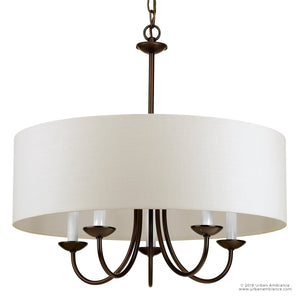 The Urban Ambiance UHP2281 Transitional Chandelier from the Aurora Collection features an Olde Bronze finish with five gracefully curved arms and candle-style lights, all elegantly encased by a large white drum-shaped fabric shade and suspended by a chain. Dimensions: 21-1/8″ high by 21-5/8″ wide.