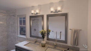 A unique bathroom with two sinks and a mirror, featuring the UHP2290 Contemporary Bathroom Vanity Light from the Madison Collection, boasting a Polished Chrome Finish.