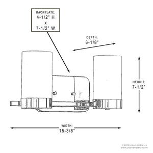 Technical drawing of the Urban Ambiance UHP2291 Contemporary Bathroom Vanity Light from the Madison Collection, showing labeled dimensions: 15-3/8″ width, 7-1/2″ height, and 6-1/8″ depth, with a backplate size of 4-1/2” H x 7-1/2” W. Featuring an open-frame design in a Brushed Bronze finish, this two-light sconce pairs beautifully with vintage-inspired bulbs for a modern yet timeless aesthetic.
