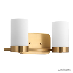 The Urban Ambiance UHP2291 Contemporary Bathroom Vanity Light from the Madison Collection features a brushed bronze finish and two cylindrical white glass shades, offering timeless elegance and a vintage-inspired touch to any space.