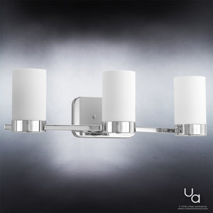Three UHP2292 Unique Bathroom Vanity Lights with white glass shades.