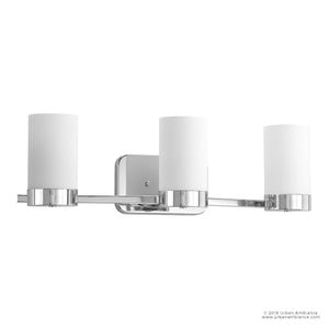 Three beautiful UHP2292 Contemporary Bathroom Vanity Lights with white shades on a white background. (Brand Name: Urban Ambiance)