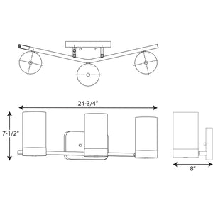 Here is the rewritten sentence using your product data: Technical drawing of the Urban Ambiance UHP2293 Contemporary Bathroom Vanity Light from the Madison Collection, shown in top, front, and side views. Measuring 24.75″ wide, 8″ deep, and 7.5″ high, this four-light fixture features an elegant brushed bronze finish with subtle detailing that blends traditional and contemporary design influences inspired by Moroccan-style chandeliers.