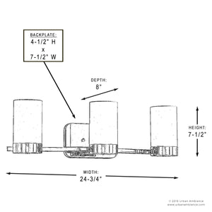 Line drawing of the Urban Ambiance UHP2293 Contemporary Bathroom Vanity Light from the Madison Collection, featuring three glass-shaded lights in a brushed bronze finish. The illustration displays measurements: 24-3/4″ wide, 7-1/2″ high, 8″ depth, and a backplate size of 4-1/2″ H x 7-1/2″ W.