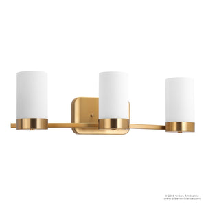 The Urban Ambiance UHP2293 Contemporary Bathroom Vanity Light from the Madison Collection features three frosted cylindrical glass shades and a brushed bronze metal base, mounted horizontally to evoke a subtle elegance reminiscent of an indoor crystal chandelier.