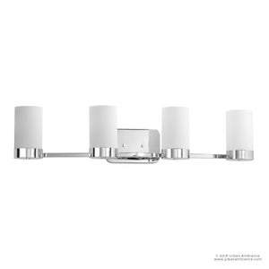 Four unique and gorgeous UHP2294 Contemporary Bathroom Vanity Lights with white shades, from the Madison Collection by Urban Ambiance.