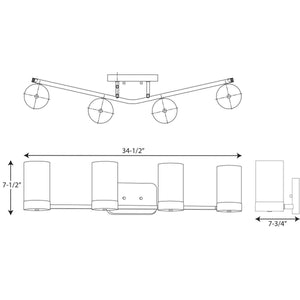 Technical drawing of the Urban Ambiance UHP2295 Contemporary Bathroom Vanity Light from the Madison Collection, featuring labeled dimensions: 34.5 inches wide, 7.5 inches high, and 7.75 inches deep. The sleek design is finished in brushed bronze, adding a modern touch to any space.