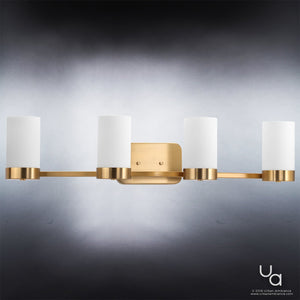 The Urban Ambiance UHP2295 Contemporary Bathroom Vanity Light from the Madison Collection showcases contemporary style with its four cylindrical frosted glass shades and a brushed bronze finish, elegantly presented against a gradient background. Measuring 7.5″ high by 34.5″ wide, this wall-mounted fixture is a modern addition to any bathroom décor.