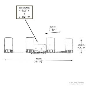 Line drawing of the Urban Ambiance UHP2295 from the Madison Collection, a contemporary 4-light bathroom vanity fixture in brushed bronze, with labeled dimensions: 34.5″ wide, 7.5″ high, 7.75″ deep, and backplate measuring 4.5″ H x 7.5″ W.