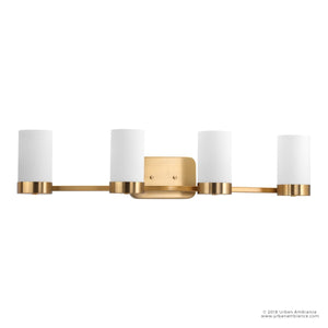 The UHP2295 Contemporary Bathroom Vanity Light from the Madison Collection by Urban Ambiance showcases four cylindrical white glass shades and a stylish rectangular backplate, all finished in brushed bronze for a modern, sophisticated touch—perfect as a chic bath fixture.