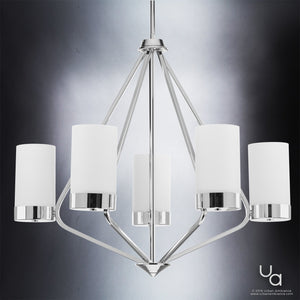 A unique UHP2300 Contemporary Chandelier with white shades, from the Madison Collection by Urban Ambiance, perfect for adding a touch of luxury to any space.