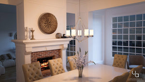 3D rendering of a dining room with a unique lighting fixture from the Madison Collection by Urban Ambiance.