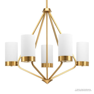 The UHP2301 Contemporary Chandelier by Urban Ambiance, from the Madison Collection, features five cylindrical etched glass shades suspended from a central rod and is finished in brushed bronze. Measuring 23 inches high by 27.375 inches wide, this modern chandelier is set against a white background.