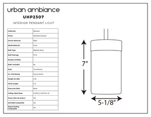 Diagram of the Urban Ambiance UHP2307 Transitional Pendant Light from the Madison Collection, measuring 7 inches in height and 5-1/8 inches in width. Features etched white glass and a polished chrome finish. Includes a product specs table detailing materials, finish, wattage, and additional information.