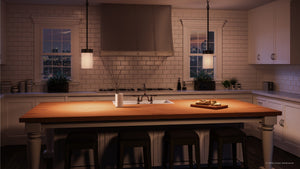 A beautiful kitchen with a luxury lighting fixture, the UHP2308 Transitional Pendant Light from Urban Ambiance.