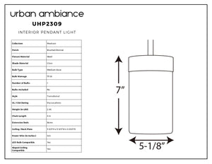 Diagram of the Urban Ambiance UHP2309 Transitional Pendant Light from the Madison Collection, displaying labeled dimensions (7 inches tall, 5-1/8 inches wide) and a table of key specifications such as material, wattage, bulb type, and additional features. This elegant pendant showcases a brushed bronze finish paired with an etched glass cylinder for a modern touch.