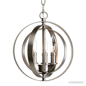 The Urban Ambiance UHP2320 Luxe Industrial Pendant from the Arezzo Collection features three candle-style bulbs encased within interlocking steel rings, showcasing a sleek brushed nickel finish and measuring 11-3/4″ high by 10-1/8″ wide.