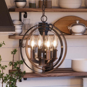 A beautiful lighting fixture from the Arezzo Collection by Urban Ambiance hanging over a shelf in a kitchen.
