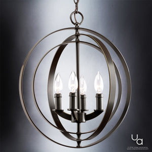 The UHP2324 Luxe Industrial Chandelier from Urban Ambiance’s Arezzo Collection, measuring 18-3/8″ high by 16″ wide and finished in Olde Bronze, features four candle-style bulbs set within a striking metal spherical frame and is gracefully suspended by a chain against a gray gradient background.