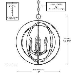 Black and white diagram of the UHP2324 Luxe Industrial Chandelier from the Arezzo Collection by Urban Ambiance, featuring an Olde Bronze finish, four lights, armillary sphere design, measuring 16″ wide by 18-3/8″ high. Includes a 72″ adjustable chain and is compatible with sloped ceilings.