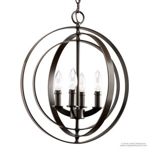 Experience modern sophistication with the Urban Ambiance UHP2324 Luxe Industrial Chandelier from the Arezzo Collection. Measuring 18-3/8″ high by 16″ wide, this elegant fixture features four candle-style bulbs encircled by three intersecting metal rings reminiscent of an armillary sphere, all finished in refined Olde Bronze and suspended by a classic chain.