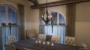 A beautiful dining room with large windows and an UHP2327 Industrial Chic Chandelier, 24-3/8