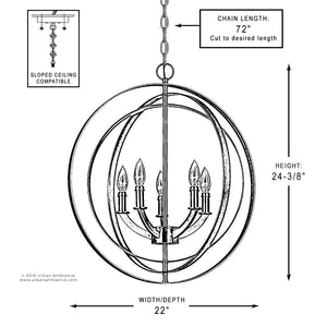 A beautiful and unique lighting fixture diagram for the UHP2327 Industrial Chic Chandelier, 24-3/8