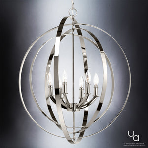 The UHP2328 Luxe Industrial Chandelier from the Arezzo Collection by Urban Ambiance features five candle-style lights encased in interlocking rings, forming a bold spherical silhouette. Finished in polished nickel and suspended by a chain, this 30-inch high by 27-3/4-inch wide chandelier brings contemporary elegance to any room.