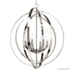Elevate your space with the Urban Ambiance UHP2328 Luxe Industrial Chandelier from the Arezzo Collection, featuring six candle-style bulbs nestled within intersecting polished metal rings, a gleaming polished nickel finish, and suspended elegantly from a chain—perfect as a statement ceiling light centerpiece.