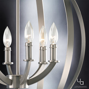 An Urban Ambiance UHP2329 Industrial Chic Chandelier, a unique lighting fixture from the Arezzo Collection with four lights in it.