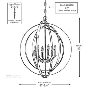 A diagram showing the dimensions of the Urban Ambiance UHP2329 Industrial Chic Chandelier, a gorgeous lighting fixture.