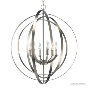 A luxurious UHP2329 Industrial Chic Chandelier by Urban Ambiance, featuring a gorgeous circular design and six lights, finished in brushed nickel from the Arezzo Collection.