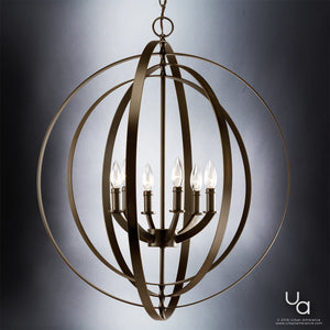 The Urban Ambiance UHP2330 Luxe Industrial Chandelier from the Arezzo Collection features striking bronze metal bands in a rich Olde Bronze finish, measuring 30″ high by 27-3/4″ wide. This elegant armillary sphere chandelier is suspended from a chain and showcases six candle-style bulbs for a sophisticated look.