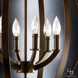 A close-up of the Urban Ambiance UHP2330 Luxe Industrial Chandelier from the Arezzo Collection, featuring five candle-shaped bulbs and an Olde Bronze finish, set against a gray background.