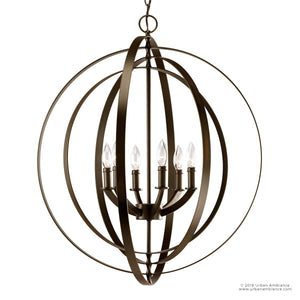 The Urban Ambiance UHP2330 Luxe Industrial Chandelier from the Arezzo Collection features five candle-style lights encased in intersecting bronze rings, finished in elegant Olde Bronze and suspended by a chain. Measuring 30 inches high by 27-3/4 inches wide, this statement piece brings sophisticated style to your space.