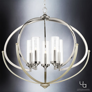 A unique Mediterranean chandelier from the Baton Rouge Collection with a polished nickel finish, featuring four glass shades and a chrome finish.