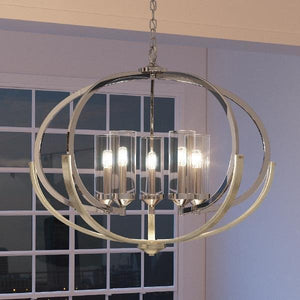 A beautiful lighting fixture, the Urban Ambiance UHP2350 Mediterranean Chandelier, hangs over a window in a living room.