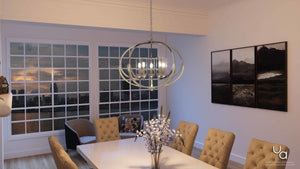 A dining room with a unique lighting fixture, the Urban Ambiance UHP2350 Mediterranean Chandelier.