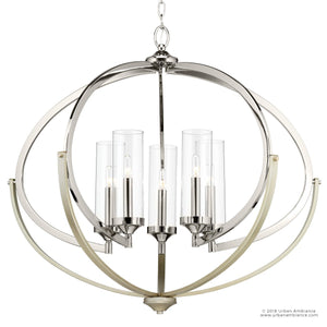 A unique Mediterranean chandelier with a polished nickel finish and clear glass shade.