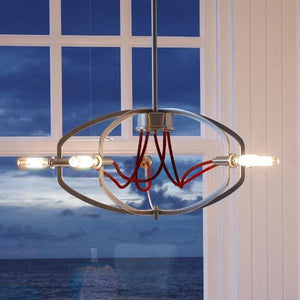 A beautiful chandelier with a unique design and brushed nickel finish.