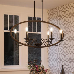 An UHP2372 Modern Farmhouse Chandelier, 15-3/4"H x 36"W, Olde Bronze Finish, Dunkirk Collection unique chandelier in a dining room.
